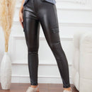 LUNE Pantalones ajustados para mujer con cremallera y bolsillos de piel sintetica de unicolor