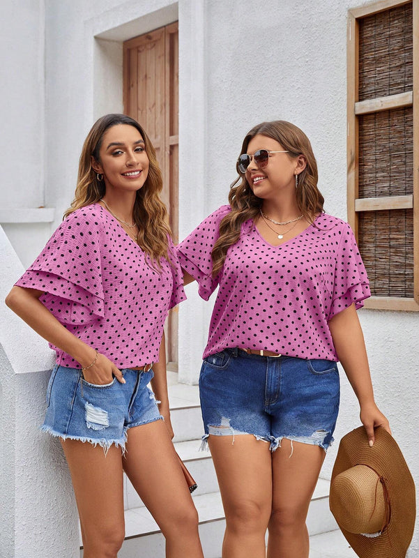 Blusa Con Estampado De Lunares, Cuello En V Y Mangas Con Volantes