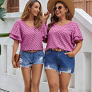 Blusa Con Estampado De Lunares, Cuello En V Y Mangas Con Volantes