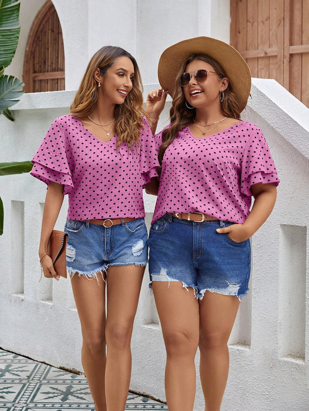 Blusa Con Estampado De Lunares, Cuello En V Y Mangas Con Volantes