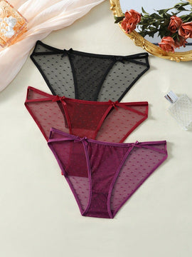 Ropa Interior Femenina Con Triangulos Decorados De Encaje De Malla, Con Lazo Y Bordado Floral (3 Piezas/set)