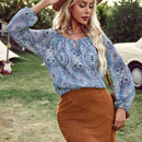 VCAY Camisa Vintage Con Manga De Linterna Y Diseno De Vacaciones Impreso