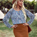 VCAY Camisa Vintage Con Manga De Linterna Y Diseno De Vacaciones Impreso