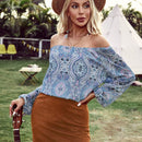 VCAY Camisa Vintage Con Manga De Linterna Y Diseno De Vacaciones Impreso