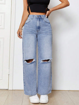 PETITE Jeans De Mezclilla Azul Claro Desgastado