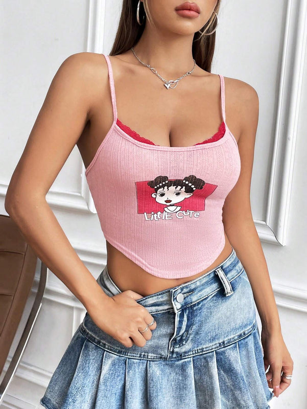 Camiseta Sin Mangas Impresa Con Patron De Personaje De Dibujos Animados Y Letras Para Mujer
