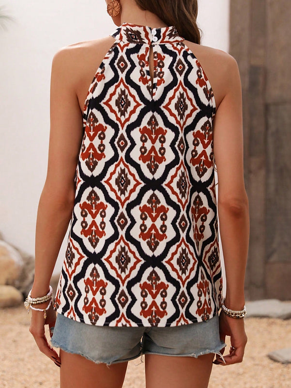 LUNE Blusa Sin Mangas Con Estampado Floral Y Cuello Halter Para Mujeres