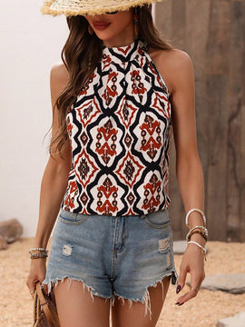 LUNE Blusa Sin Mangas Con Estampado Floral Y Cuello Halter Para Mujeres