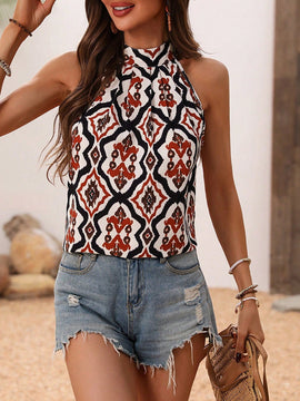 LUNE Blusa Sin Mangas Con Estampado Floral Y Cuello Halter Para Mujeres