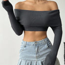 EZwear Sueter Corto De Hombro Descubierto Con Manga Larga Para Mujer