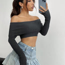 EZwear Sueter Corto De Hombro Descubierto Con Manga Larga Para Mujer