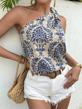 VCAY Camisa Navidena Con Estampado Floral De Un Solo Hombro Y Detalle De Nudo