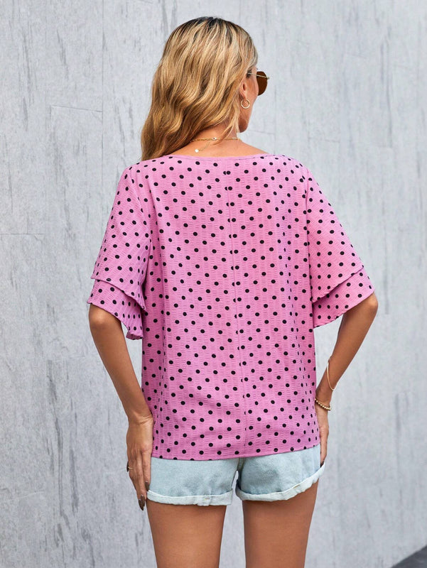 Blusa Con Estampado De Lunares, Cuello En V Y Mangas Con Volantes