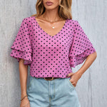 Blusa Con Estampado De Lunares, Cuello En V Y Mangas Con Volantes