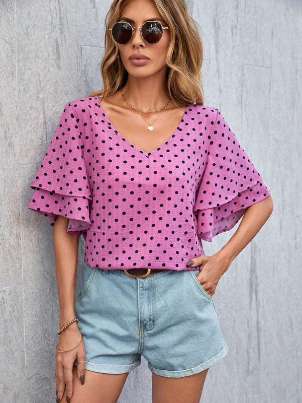 Blusa Con Estampado De Lunares, Cuello En V Y Mangas Con Volantes