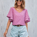 Blusa Con Estampado De Lunares, Cuello En V Y Mangas Con Volantes