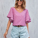Blusa Con Estampado De Lunares, Cuello En V Y Mangas Con Volantes