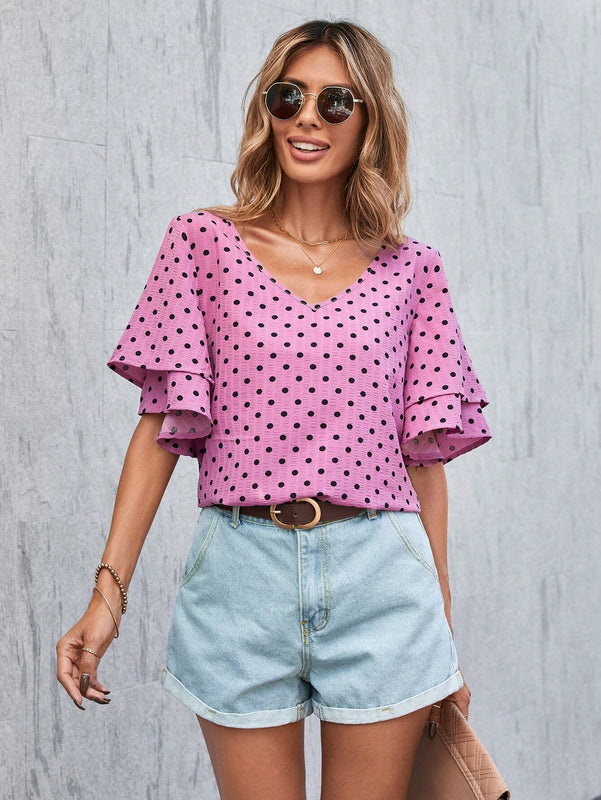 Blusa Con Estampado De Lunares, Cuello En V Y Mangas Con Volantes