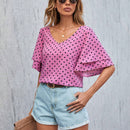 Blusa Con Estampado De Lunares, Cuello En V Y Mangas Con Volantes