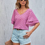 Blusa Con Estampado De Lunares, Cuello En V Y Mangas Con Volantes