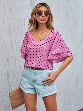Blusa Con Estampado De Lunares, Cuello En V Y Mangas Con Volantes