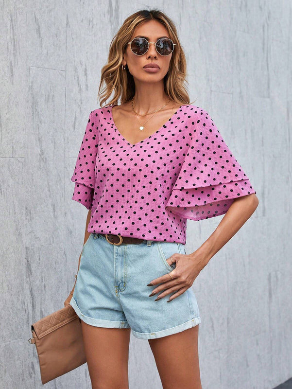 Blusa Con Estampado De Lunares, Cuello En V Y Mangas Con Volantes