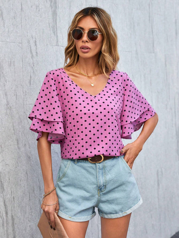 Blusa Con Estampado De Lunares, Cuello En V Y Mangas Con Volantes