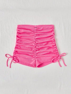WYWH Pantalones Cortos Casuales Para Mujeres Con Textura De Volantes Y Estilo De Playa En Rosa