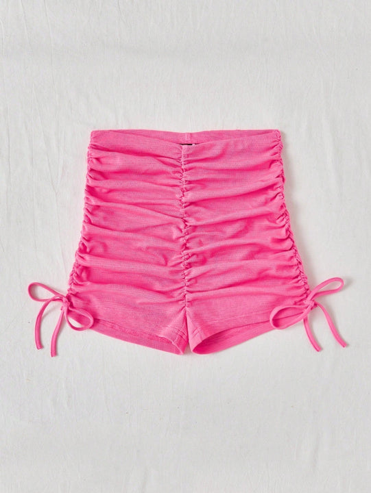 WYWH Pantalones Cortos Casuales Para Mujeres Con Textura De Volantes Y Estilo De Playa En Rosa