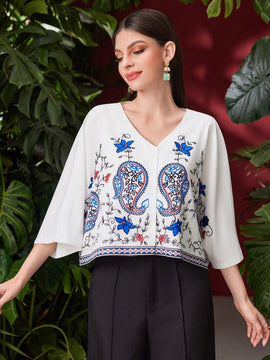 Mulvari Blusa De Manga Murcielago De Mujer Con Estampado De Anacardo