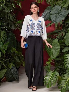 Mulvari Blusa De Manga Murcielago De Mujer Con Estampado De Anacardo