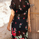 Camisa Larga Y Transparente Con Estampado Floral Para Mujeres,de Cuello Redondo Y Mangas Cortas