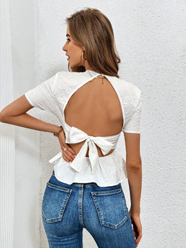 Essnce Camisa Casual Tejida Sin Espalda Con Textura Blanca Primavera/verano Para Mujer