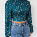 Essnce Camisa Para Mujer Con Estampado Floral, Cuello Con Soporte, Mangas De Farol Sin Espalda