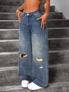 ICON Jeans Lavados Y Rasgados Con Pierna Ancha