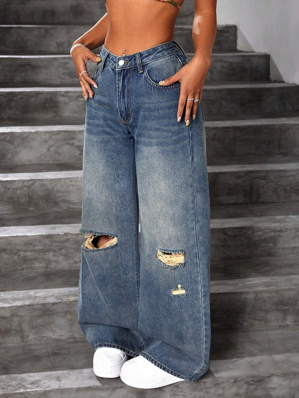 ICON Jeans Lavados Y Rasgados Con Pierna Ancha