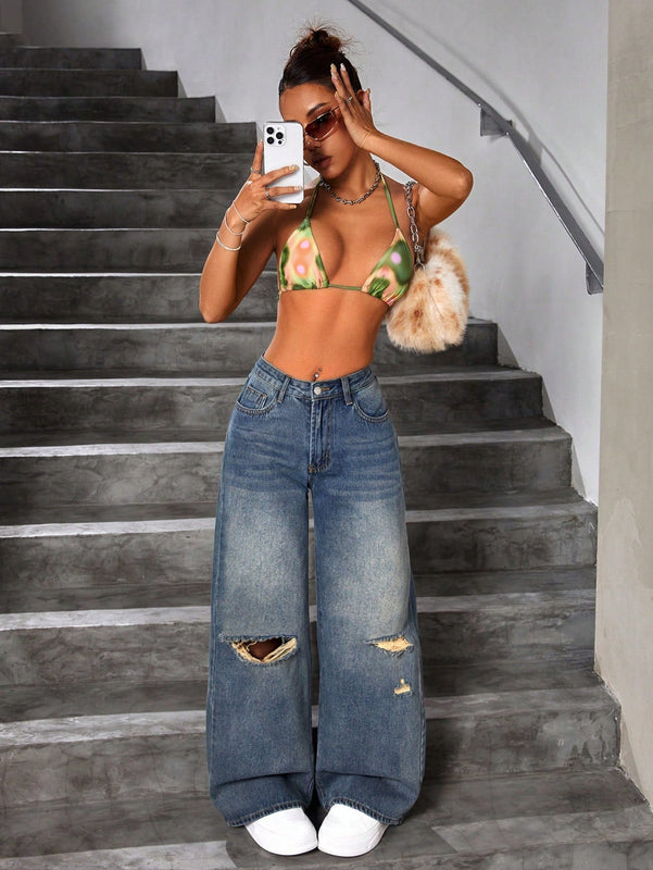 ICON Jeans Lavados Y Rasgados Con Pierna Ancha