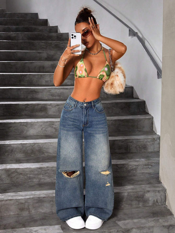 ICON Jeans Lavados Y Rasgados Con Pierna Ancha