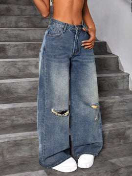 ICON Jeans Lavados Y Rasgados Con Pierna Ancha