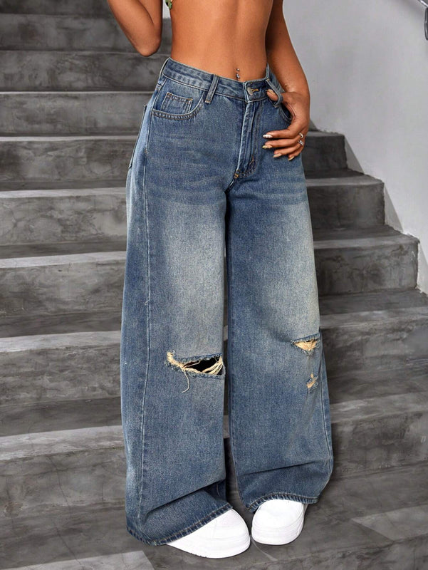 ICON Jeans Lavados Y Rasgados Con Pierna Ancha