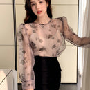 DAZY Blusa De Manga Larga De Cuello Redondo Con Manga Abullonada Y Estampado Floral Para Mujer