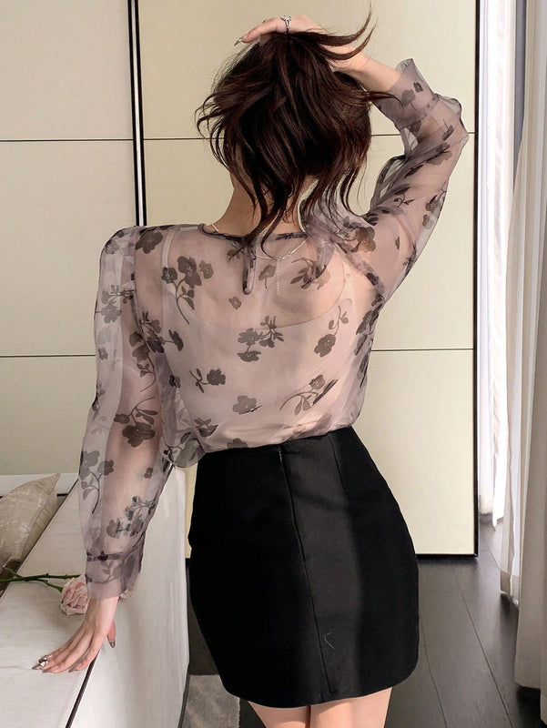 DAZY Blusa De Manga Larga De Cuello Redondo Con Manga Abullonada Y Estampado Floral Para Mujer