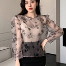 DAZY Blusa De Manga Larga De Cuello Redondo Con Manga Abullonada Y Estampado Floral Para Mujer