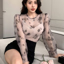 DAZY Blusa De Manga Larga De Cuello Redondo Con Manga Abullonada Y Estampado Floral Para Mujer