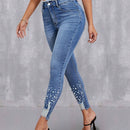 Pantalones de tobillo de mujer con abalorios de alta elasticidad y dobladillo con flecos