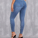Pantalones de tobillo de mujer con abalorios de alta elasticidad y dobladillo con flecos
