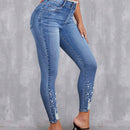Pantalones de tobillo de mujer con abalorios de alta elasticidad y dobladillo con flecos