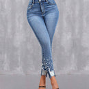Pantalones de tobillo de mujer con abalorios de alta elasticidad y dobladillo con flecos