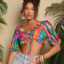 TRVLCHIC Blusa Corta Con Dobladillo Con Volantes Y Estampado De Plantas Para Mujer Para Vacaciones