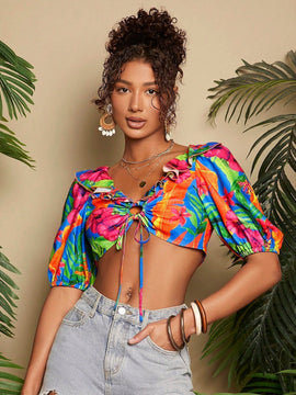 TRVLCHIC Blusa Corta Con Dobladillo Con Volantes Y Estampado De Plantas Para Mujer Para Vacaciones